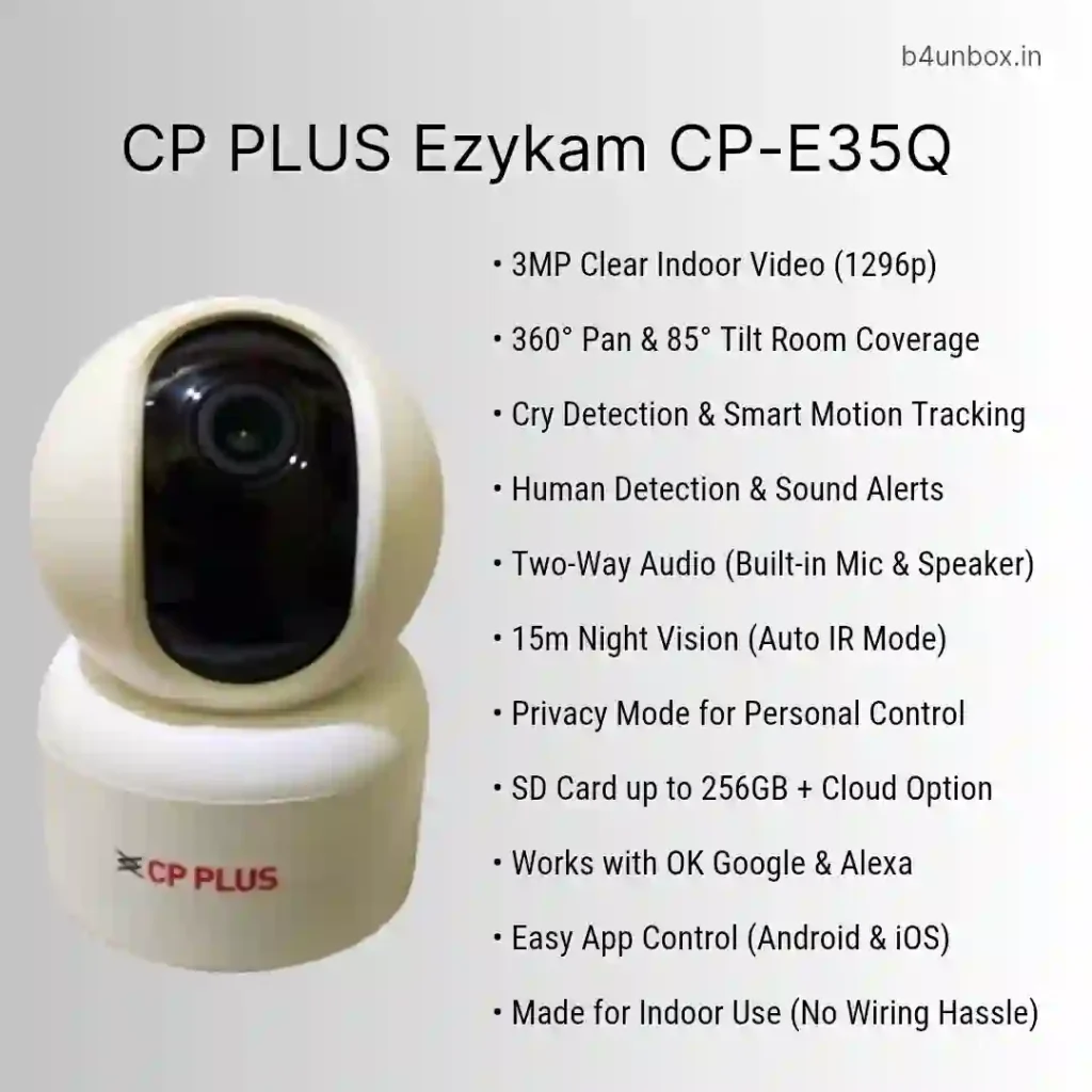 CP PLUS Ezykam CP-E35Q indoor WiFi CCTV camera with 360 pan tilt, cry detection, and two-way audio