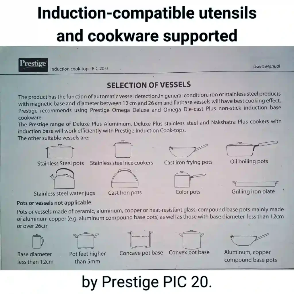 Compatible and incompatible utensils for Prestige PIC 20 induction cooktop